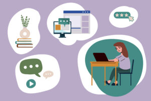 Illustration of a woman at a desk with a laptop and various information sources.