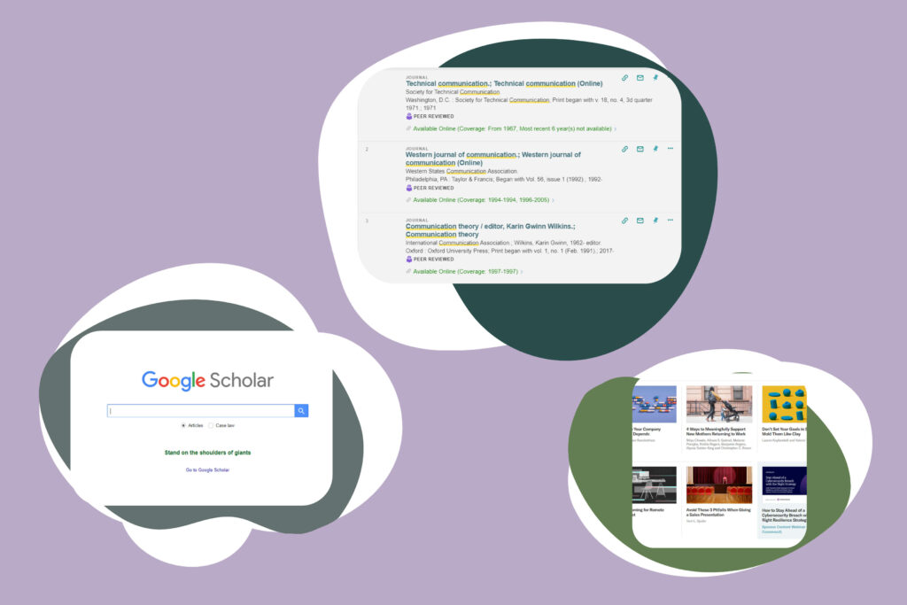 Illustration showing examples of B2B secondary research sources, including screenshot of Google Scholar, library academic journals, and KPMG articles.